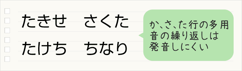 「たきせ　さくた」や、「たけち　ちなり」など、か、さ、た行の多用、音の繰り返しは発音しにくい