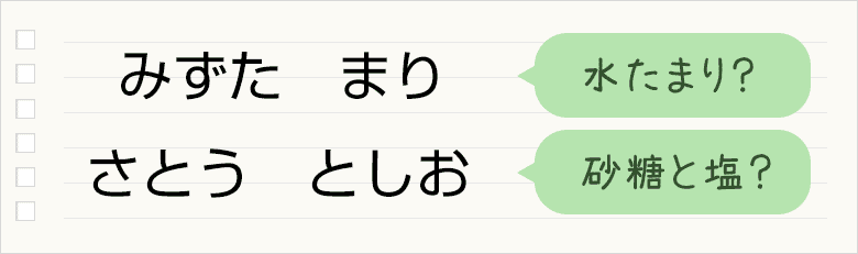みずた　まり⇒水たまり？さとう　としお⇒砂糖と塩？