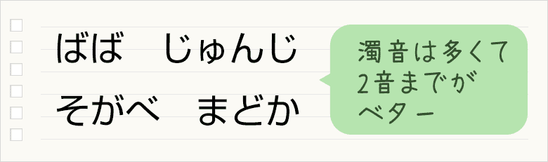 「ばば　じゅんじ」「そがべ　まどか」は濁音が多い。濁音は多くて2音までがベター