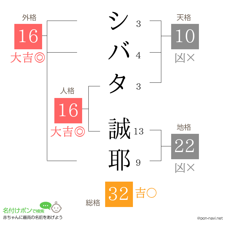 シバタ 誠耶さんの姓名判断結果