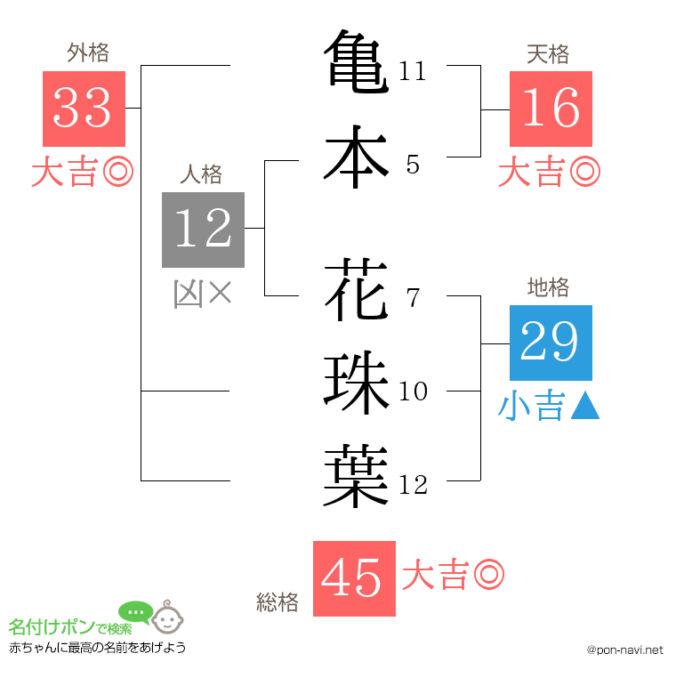 亀本 花珠葉さんの姓名判断結果