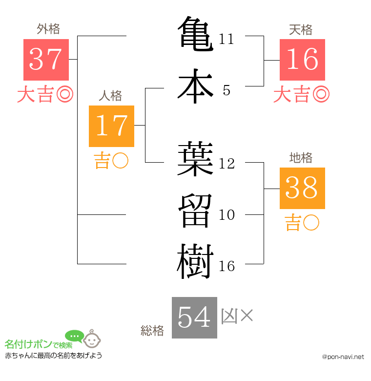 亀本 葉留樹さんの姓名判断結果