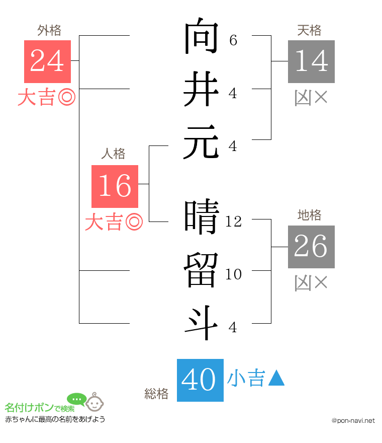 向井元 晴留斗さんの姓名判断結果