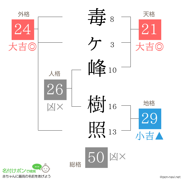 毒ヶ峰 樹照さんの姓名判断結果