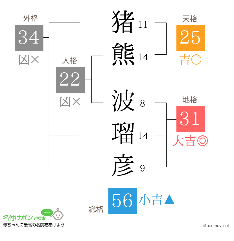 猪熊 波瑠彦さんの姓名判断結果