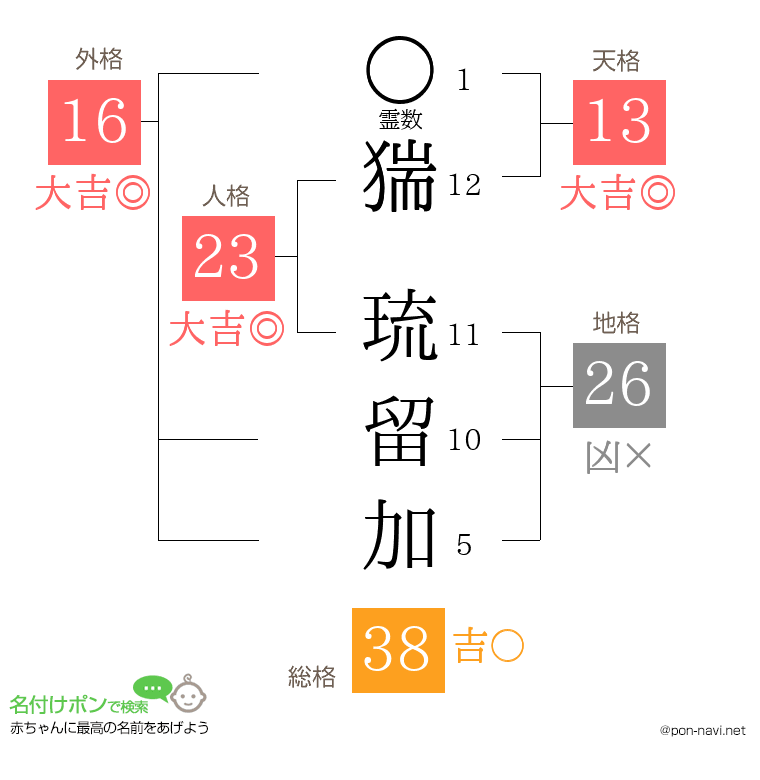 猯 琉留加さんの姓名判断結果