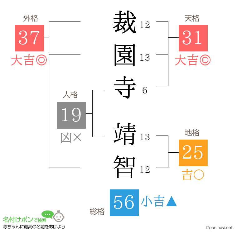 裁園寺 靖智さんの姓名判断結果