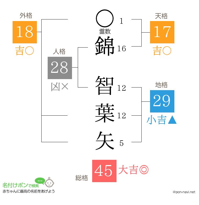 錦 智葉矢さんの姓名判断結果
