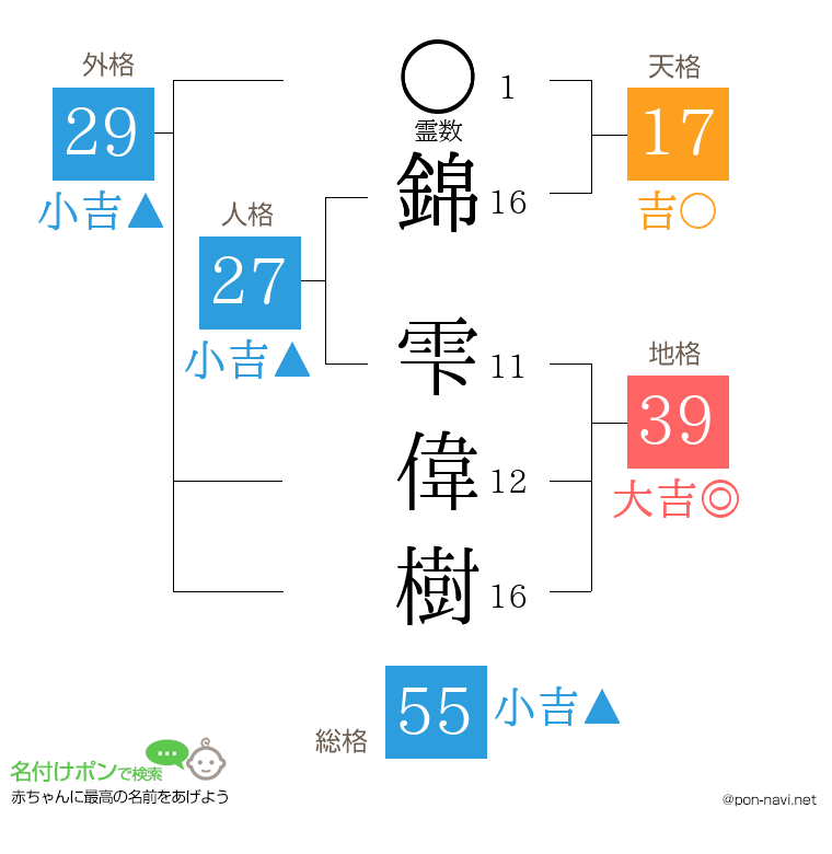 錦 雫偉樹さんの姓名判断結果