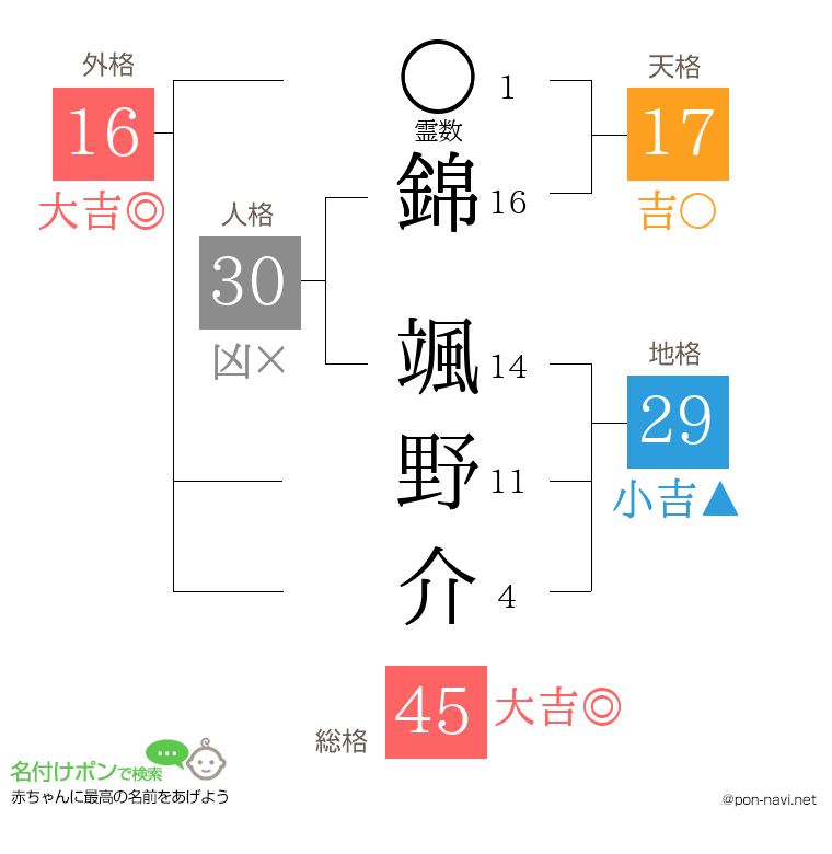 錦 颯野介さんの姓名判断結果