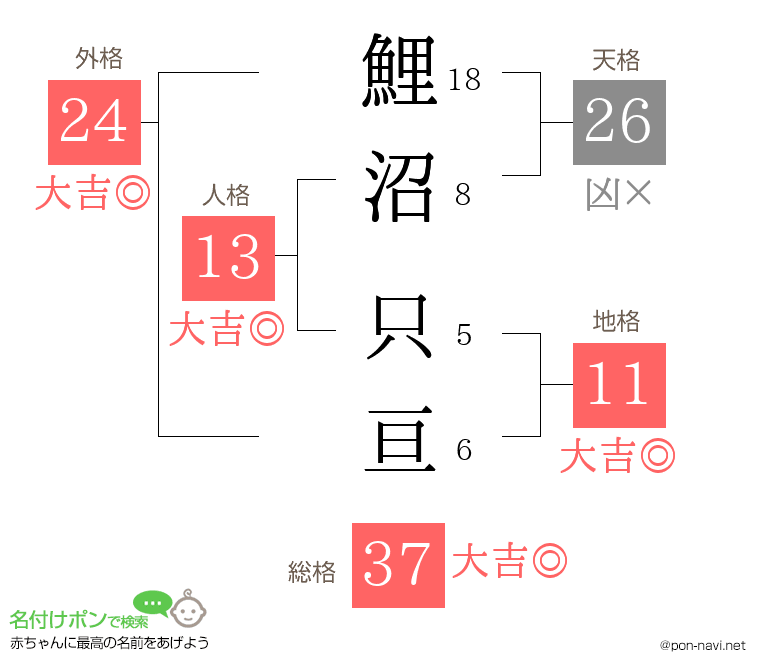 鯉沼 只亘さんの姓名判断結果